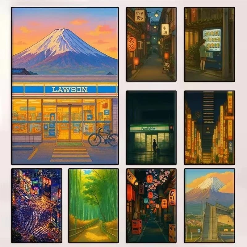 Oil Painting By Numbers Mount Fuji Tokyo Street Scene Traditional City Landscape Unframed DIY Handmade Paint Kit
