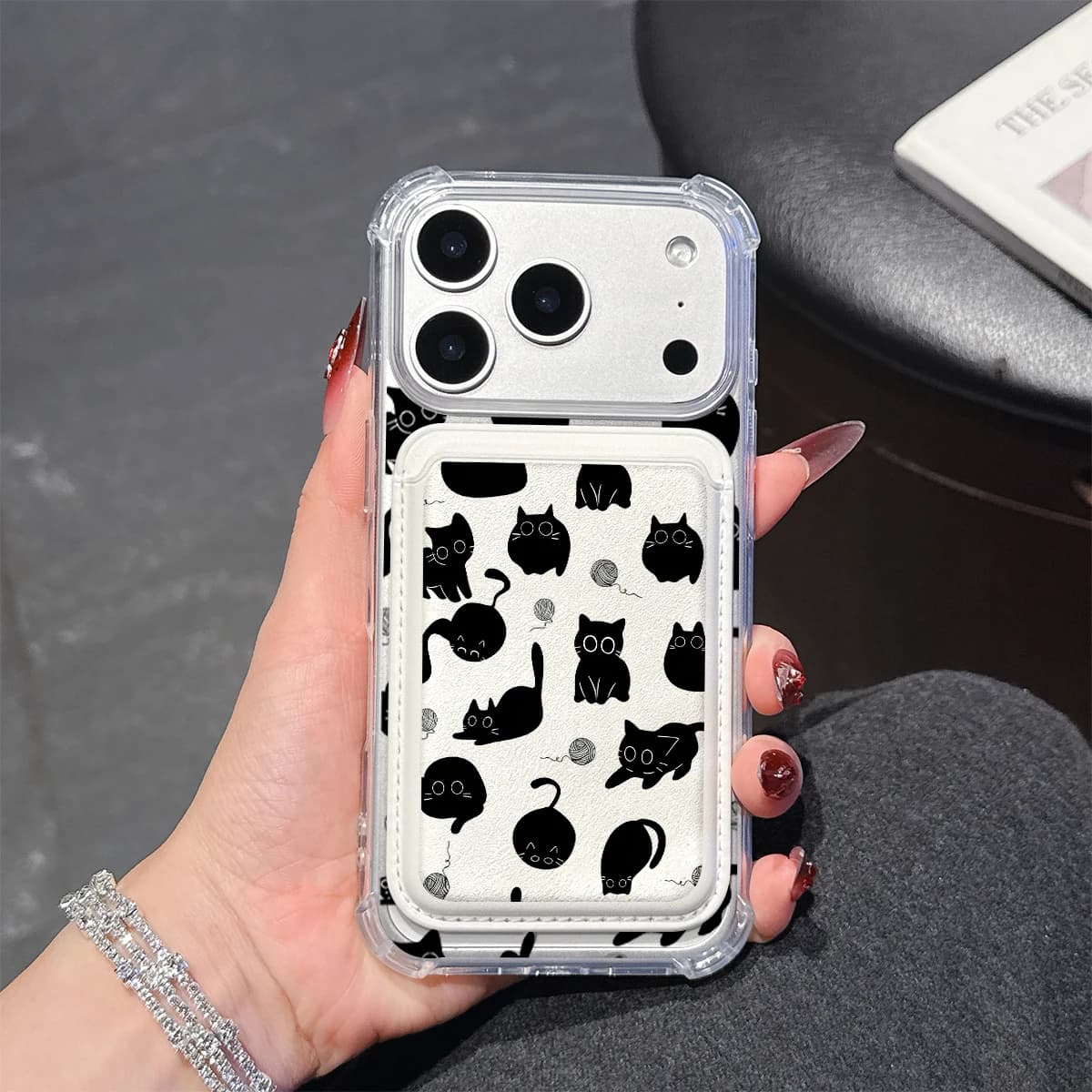 Playful Black Cats Phone Case For iPhone 17 16 15 14 13 Pro Max Plus Wallet Pocket Transparent Soft TPU for Magnetic Phone Case