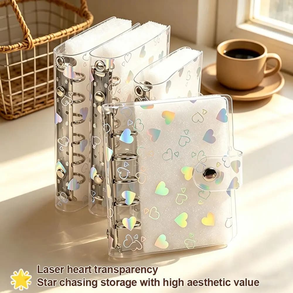 PVC Binder Cover A5/A6/A7/M5 Laser Heart Patterns Loose-Leaf Notebook Shell Refillable Snap Design Planner Cover