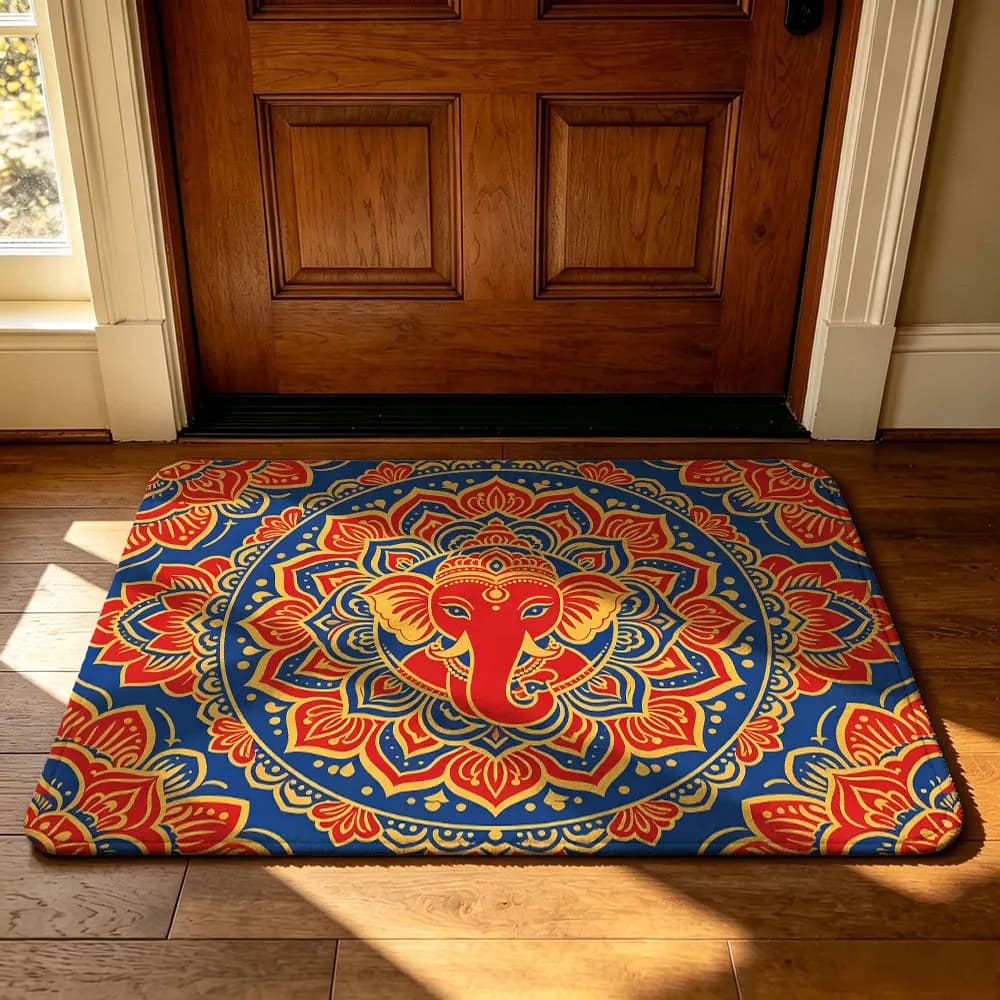 Mandala Elephant Pattern Felt Door Mat Red Gold Blue Ethnic Style Entry Mat Non-slip Washable Front Door Rug
