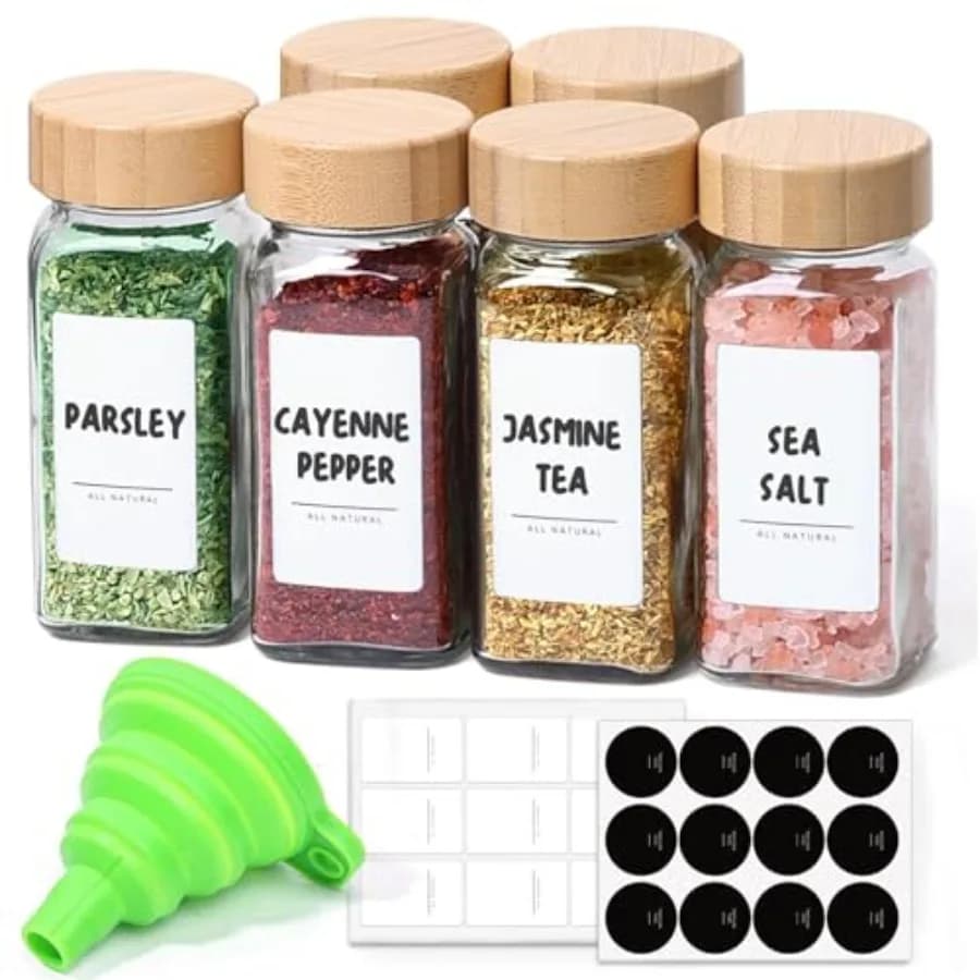 4 oz 6Pcs Glass Spice Jars with Label, Empty Spice Containers with Bamboo Lids, Square Seasoning Containers Trial and Supplemen