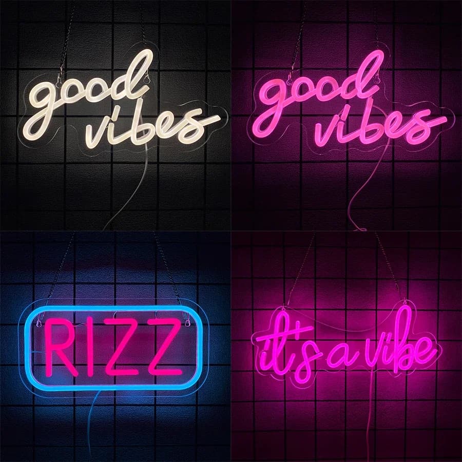 Insegna al neon Rizz, Insegna luminosa a LED Good Vibes per Sala Giochi, Camera da Letto, Spogliatoio, Arredamento Bar, Decorazioni per Feste in Casa, Man Cave