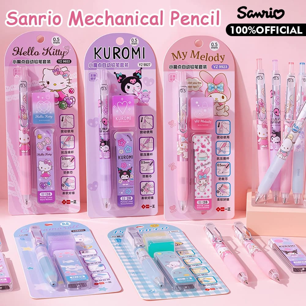Genuine Sanrio Mechanical Pencil Set Hello Kitty Kuromi Cinnamoroll Melody 0.5mm Pencil with Refill Lead Eraser Stationery Gifts