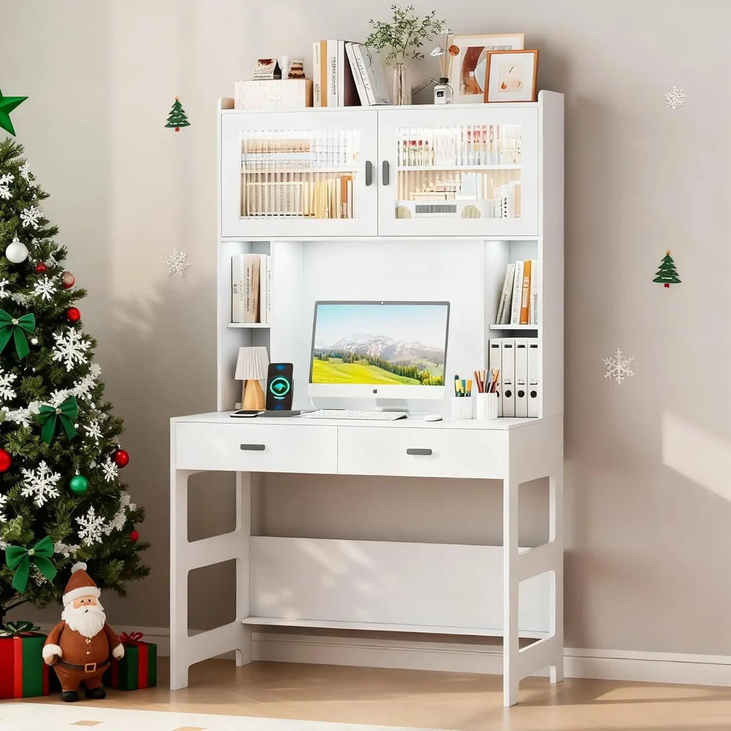 Scrivania da Ufficio Domestico con Mobiletto e Cassetti, Scrivania per Computer da 40 Pollici con Ripiani Portaoggetti e Luci LED, Moderna in Legno, Personalizzabile
