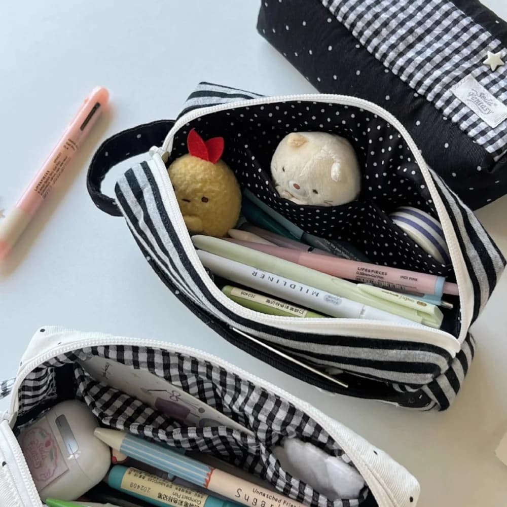 Astuccio per matite in tela a quadri con stelle, astuccio multifunzionale per cancelleria, borsa portaoggetti per studenti, organizer scolastico