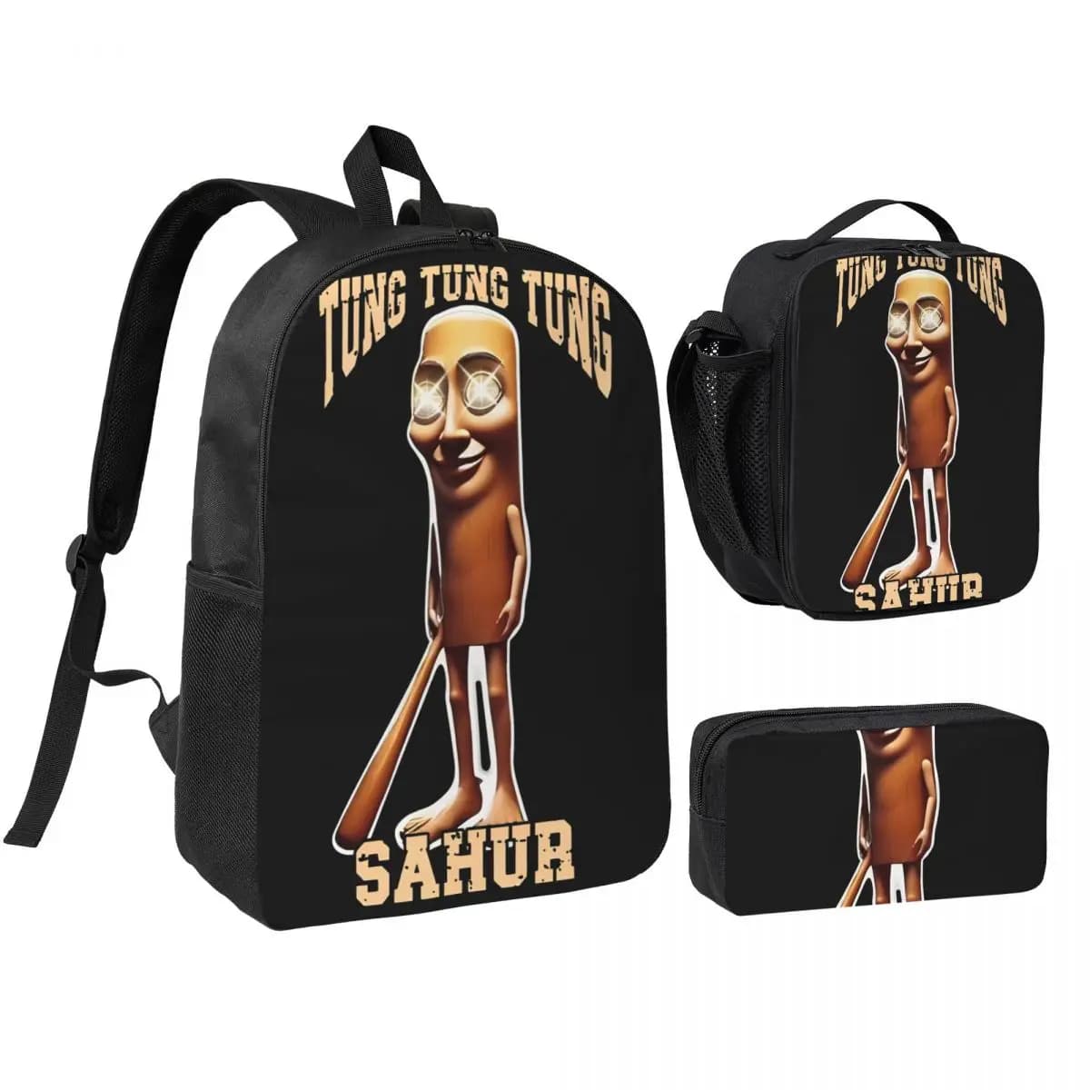 Tung Sahur Funny 3pecs/set Backpack for Boys Girls Italian Brainrot High School Canvas Bags Lunch bag Pencil Case