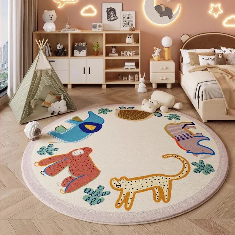 VIKAMA Cartoon Animal Round Rug for Children's Bedroom Floor Mat Soft and Non-slip Play Mat Home Decoration