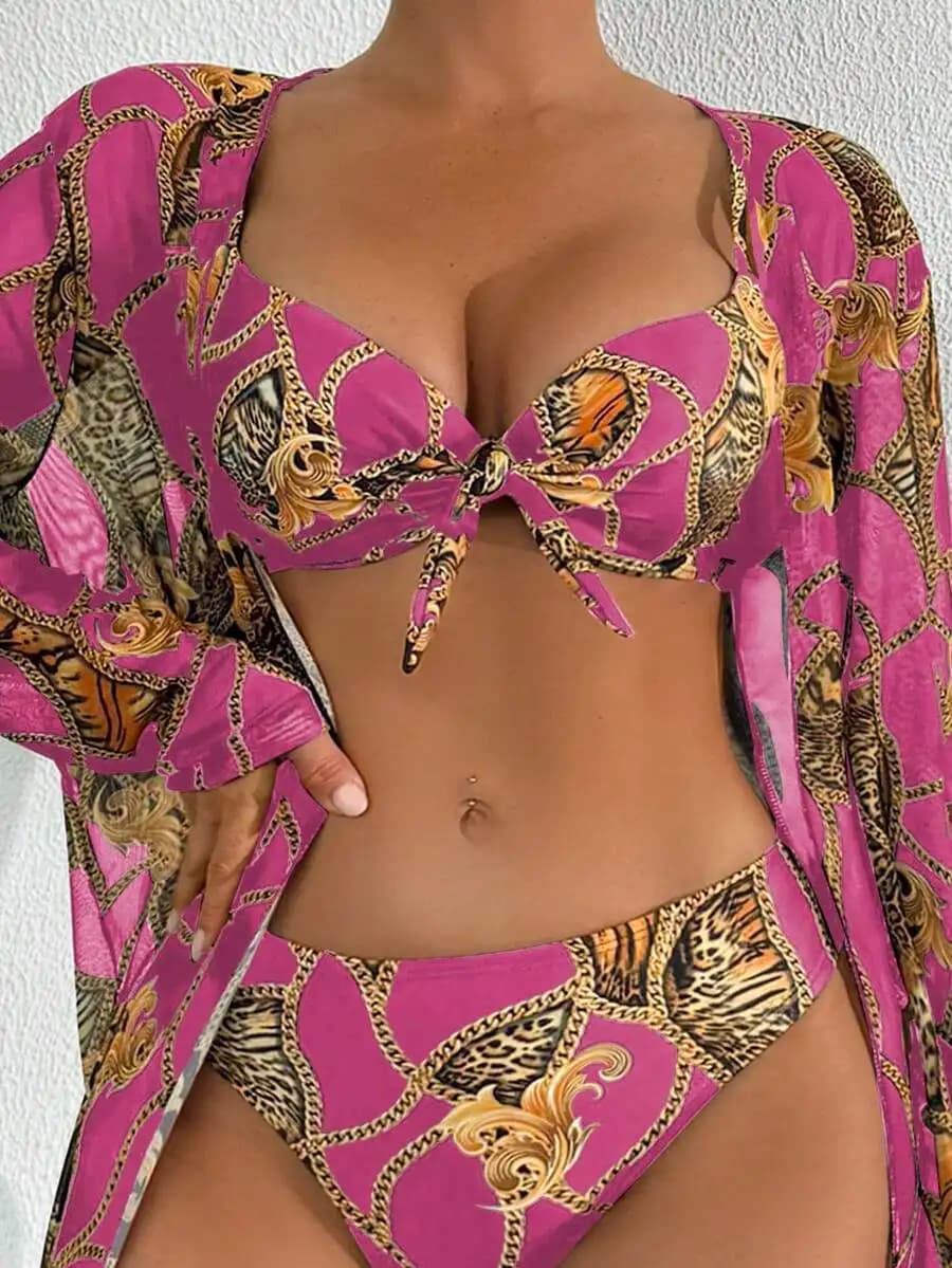 Womens 3-Piece Beach Set: Push-Up Bandeau Top, Scarf Tie, Low-Rise Printed Chiffon Sarong Bikini Bottom