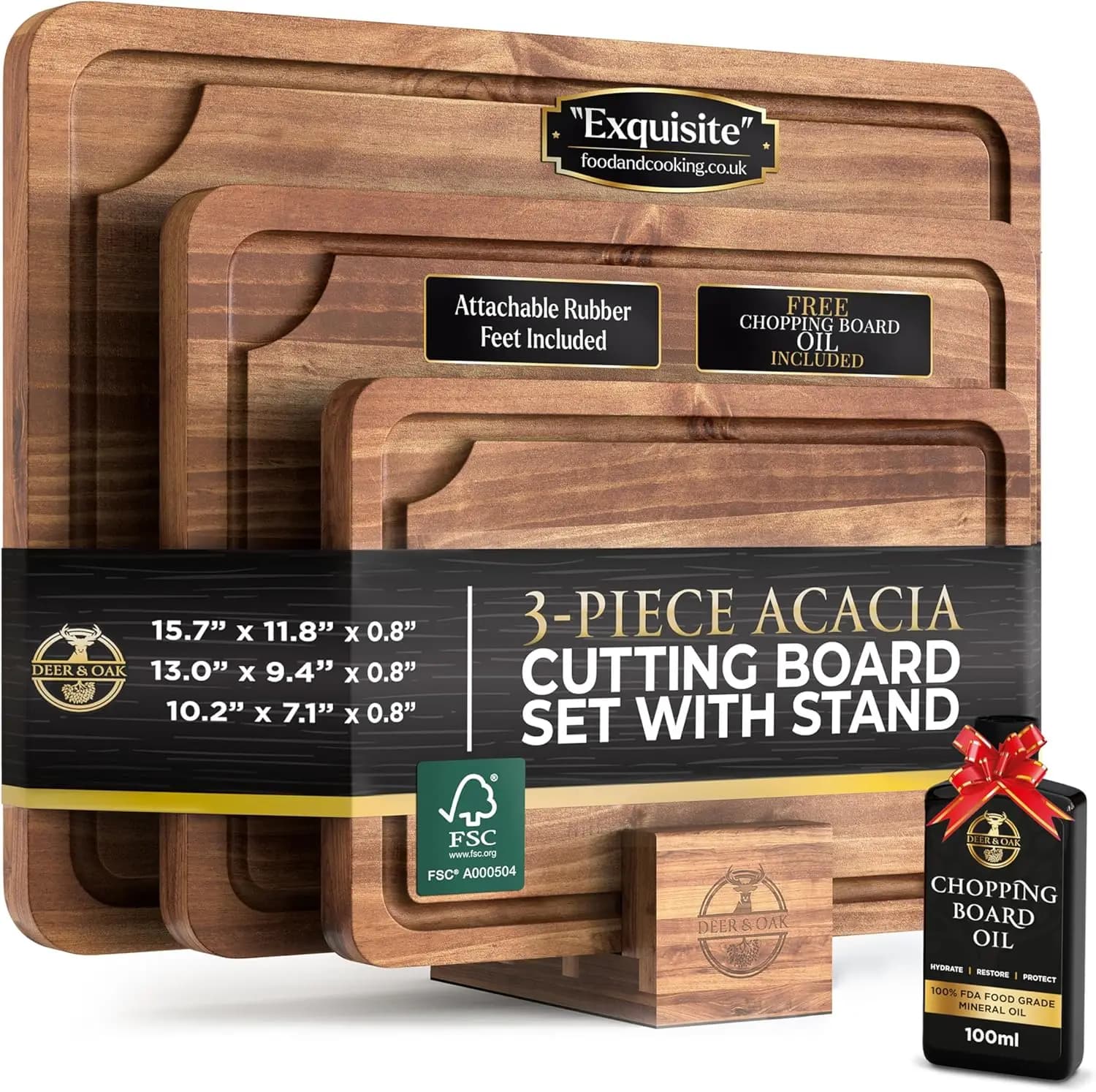 Set di Taglieri in Acacia Pre-Oliati Non Tossici con Supporto, Certificati FSC, Include Olio per Cucina Domestica e Barbecue