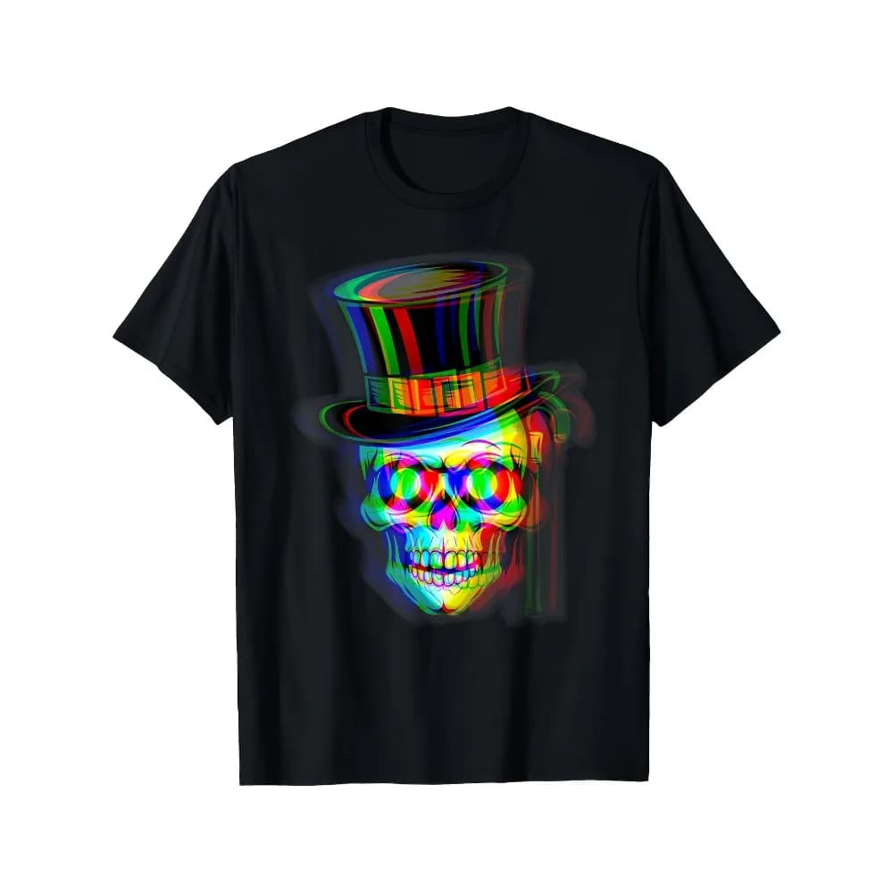 T-shirt grafica da uomo Trippy Techno Rave - Design Neon Skull & Top Hat Vaporwave, maglietta casual nera ispirata agli anni '80/'90