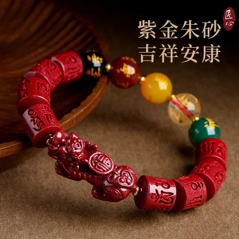 Bracciale Pixiu in Cinabro da Donna, con Sabbia Dorata Viola, Bracciale del Dio della Ricchezza a Cinque Vie, con Perle a Barilotto e Mantra a Sei Caratteri, Bracciale a Filo