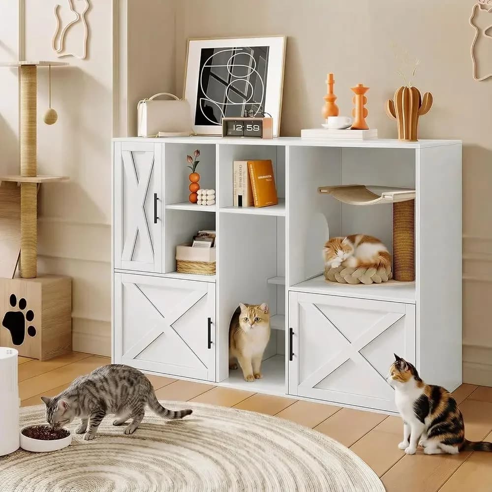 55 Dual-Room Cat Litter Enclosure with Open Shelves and Cabinet, White Wooden Washroom Furniture for Living Spaces