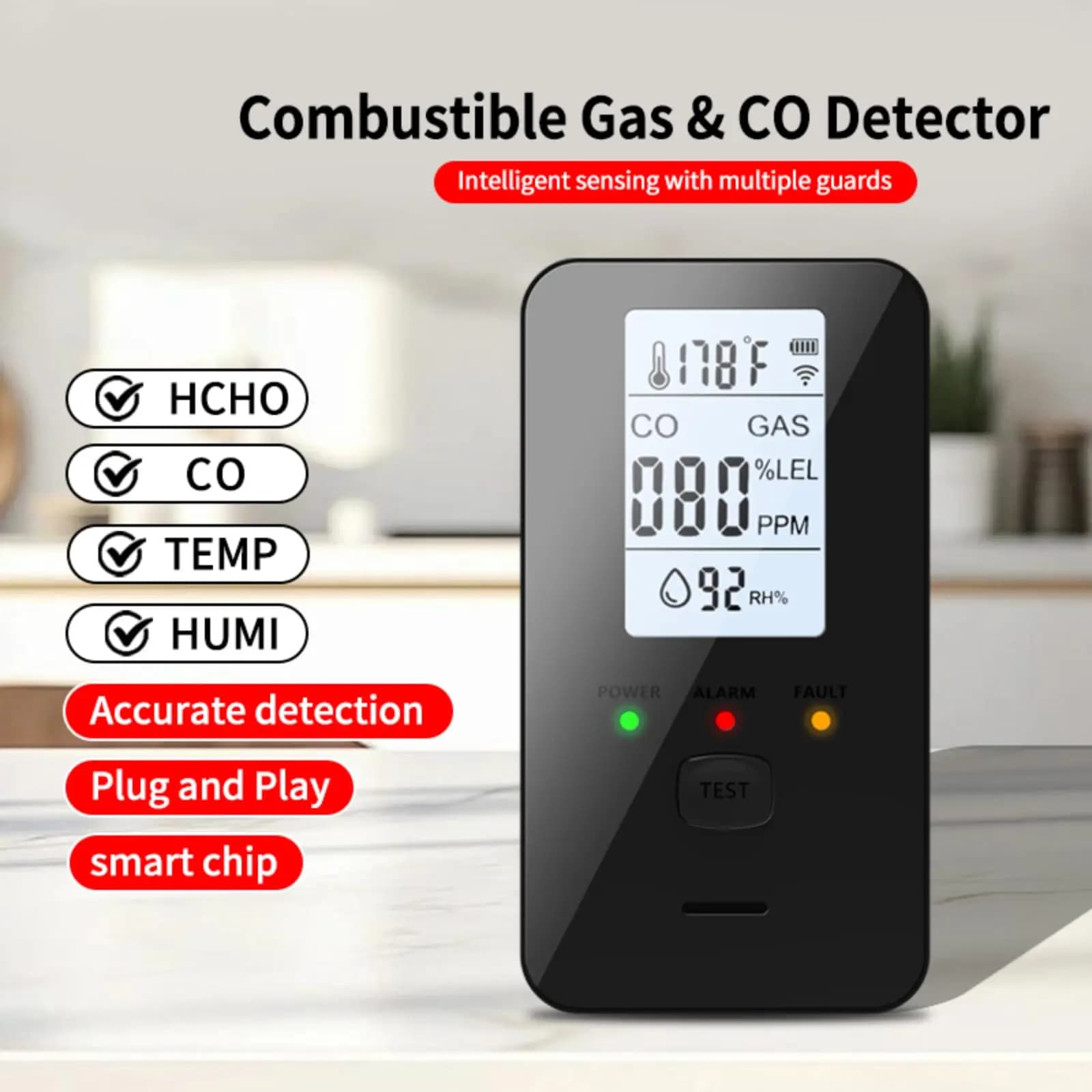 4 in1 Gas CO Detector Carbon Monoxide Detector Plug in Natural Gas Detector Temperature Humidity Gas Alarm For Home RV Travel