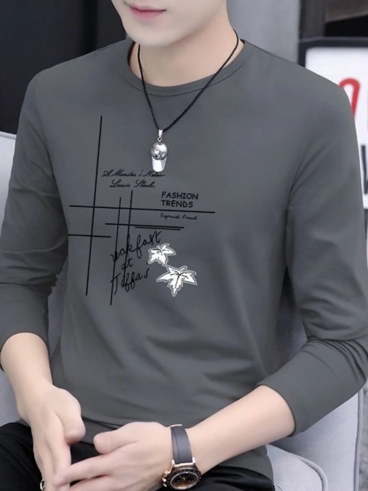 Men's Long Sleeve T-Shirt Trendy Print round Neck Base Shirt Ice Silk Material Standard Fit Daily Wear Cool Feeling