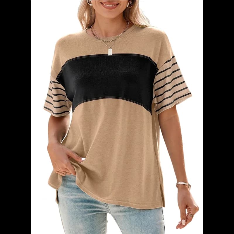 ABRT- Camicette da donna estive oversize 2025 girocollo casual a righe color block
