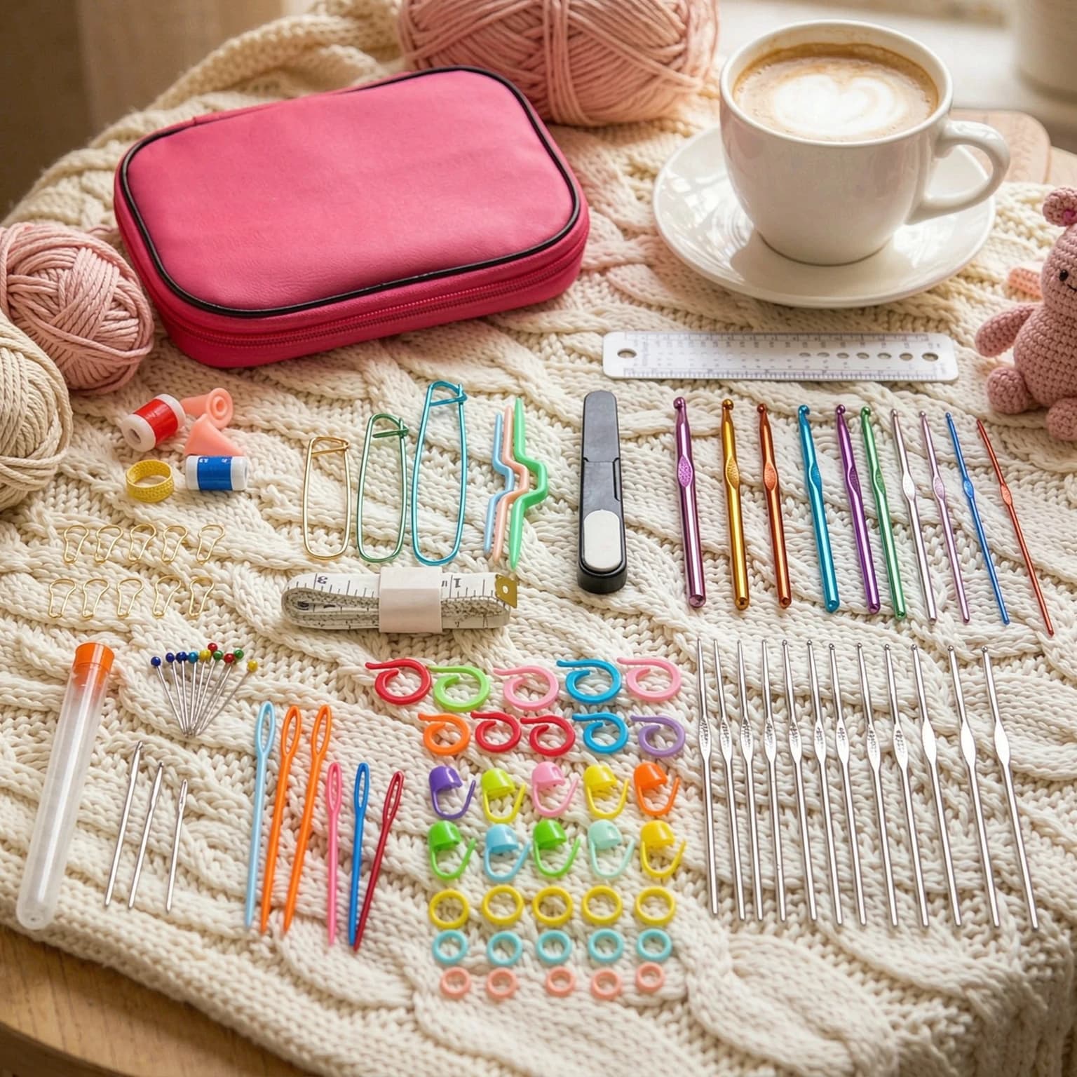 100Pcs Crochet & Sewing Tools Set – Yarn Needles Measure Tape, Thimble Complete Beginner Kit for Knitting Weaving Crafting TMZ