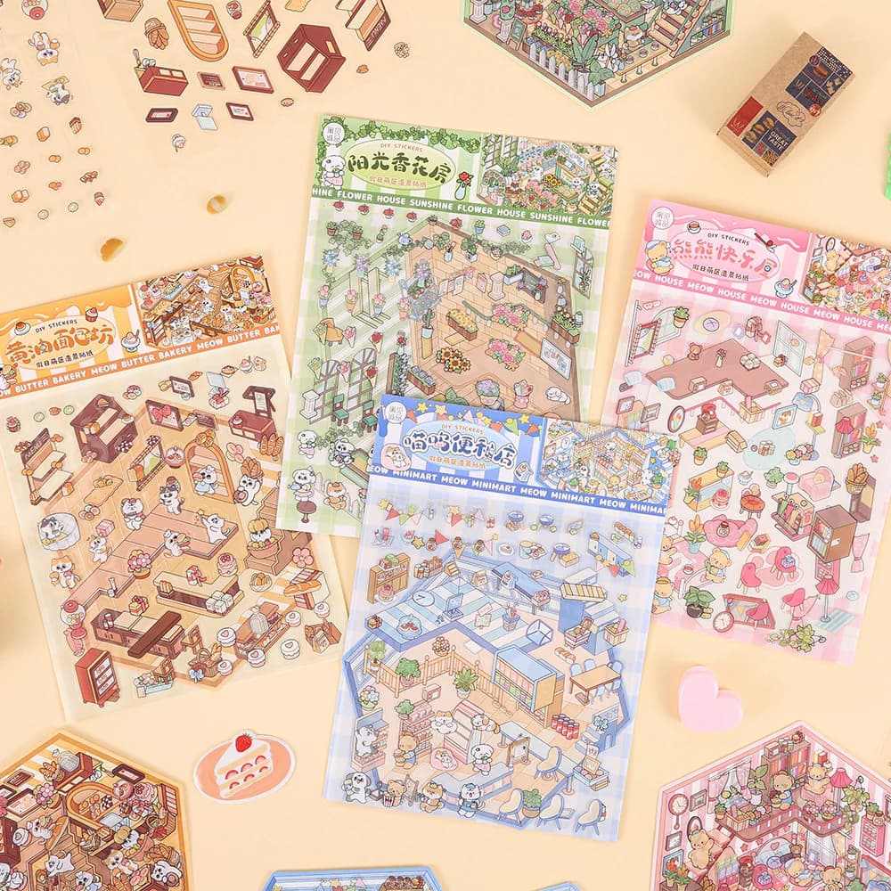 4 pack Cute Microscopic 3D Landscaping PET Scrapbooking Sticker Set 8 pcs Sticker 4 Different Scene Material Aesthetic Stickers