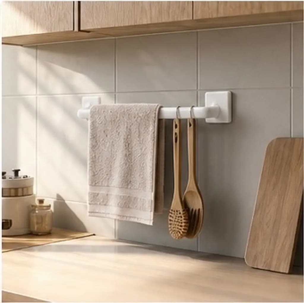 2Pcs Stick-on Towel Bar No Drill Adhesive Towel Rack for Bathroom Kitchen Hand Towels Dish Towels Wall Mount Holder White Space