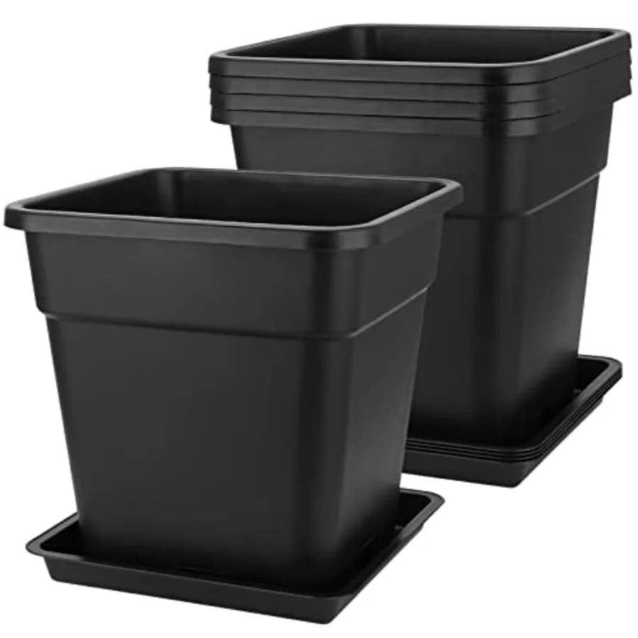 Set di 5 Vasi Quadrati Grandi da 5 Galloni con Sottovasi, 12 x 12 Pollici, Vasi in Plastica Nera per Piante da Vivaio e Giardino
