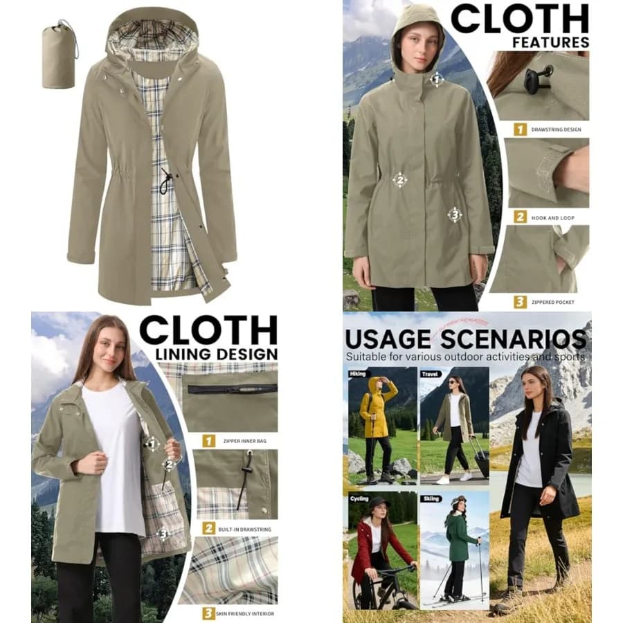 iCreek Women's Rain Jacket Packable Long Raincoat Hooded Plaid Lined Trench Coat Waterproof Windproof Lightweight for Outdoor