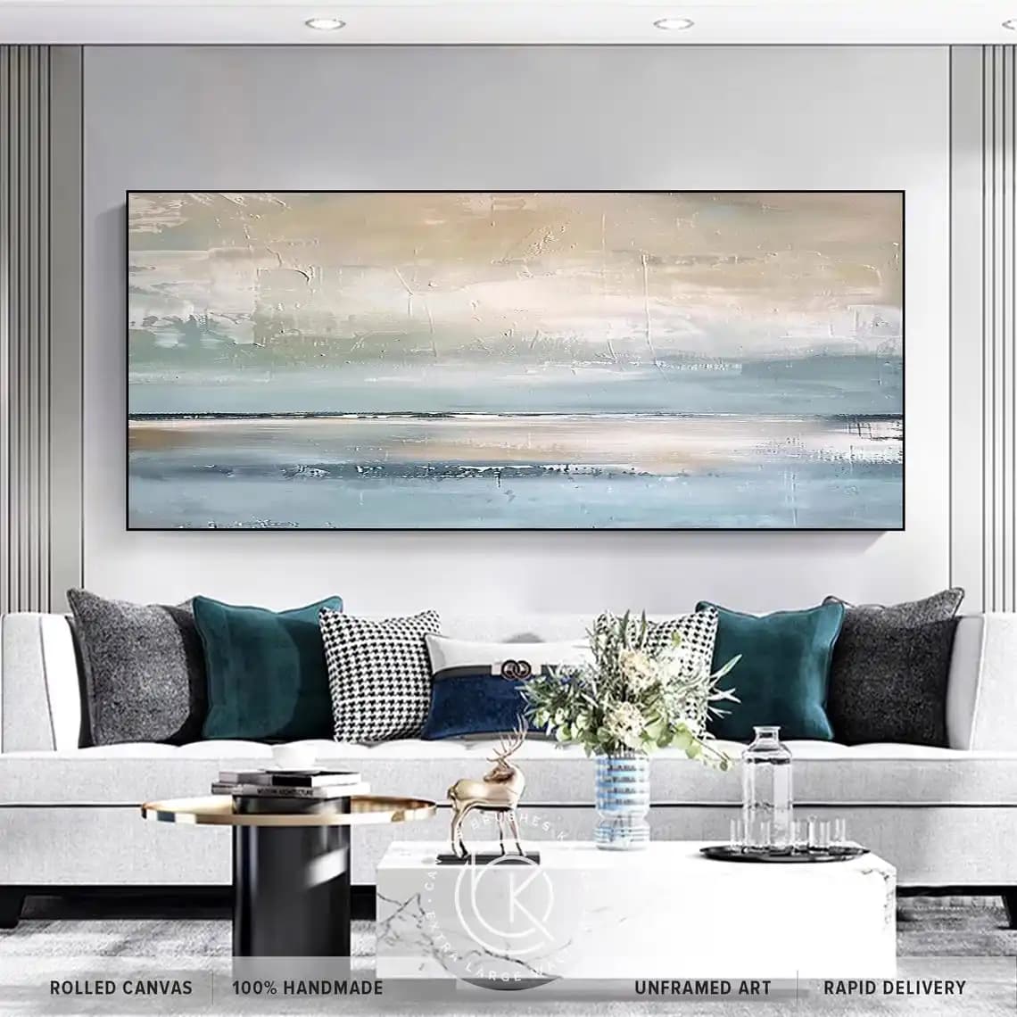 Wide Size No Frame Canvas Painting Abstract Sea Coastal Landscape Wall Art Print Neutral Blue Beige Tone Ocean View Decor