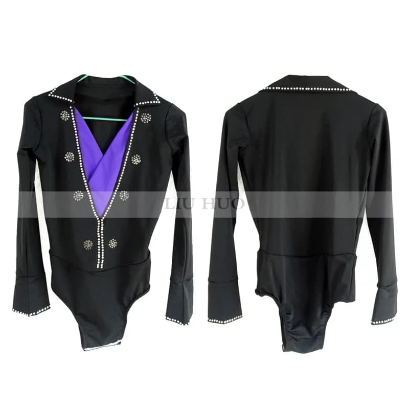 LIUHUO Pattinaggio di Figura Top da Uomo per Ragazzi Top da Ghiaccio Nero Spandex Elastico Costume da Pattinaggio Indossare Maniche Lunghe Danza Adolescenti Balletto per Adulti