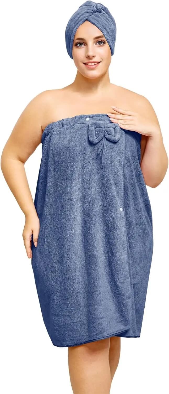 Strong sponge bathrobe with towel for women's hair, adjustable shower towel, comfortable spa robe in dark blue