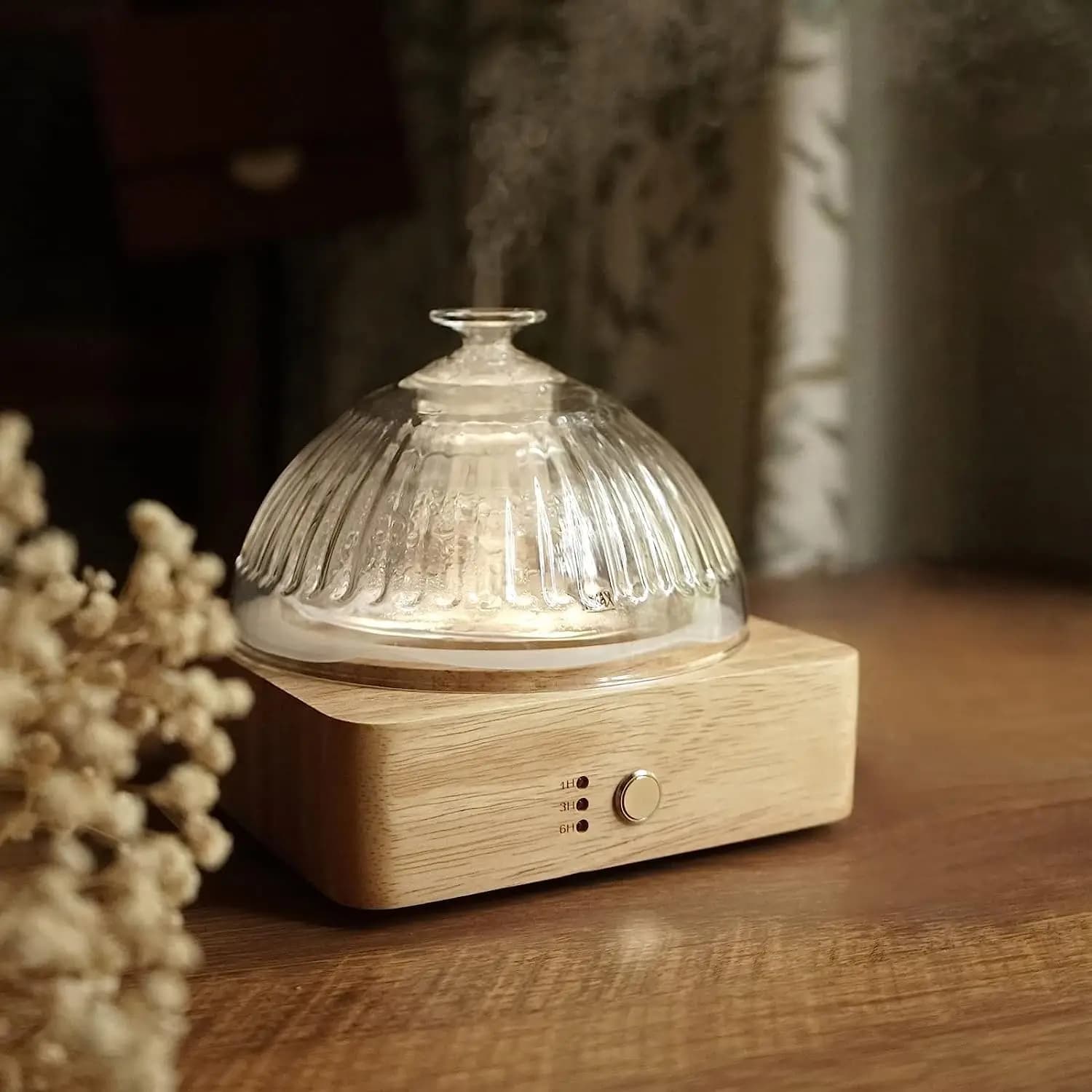 Diffusore di Oli Essenziali in Vetro da 200ml con Base in Legno, Timer e Luce a 7 Colori per Aromaterapia