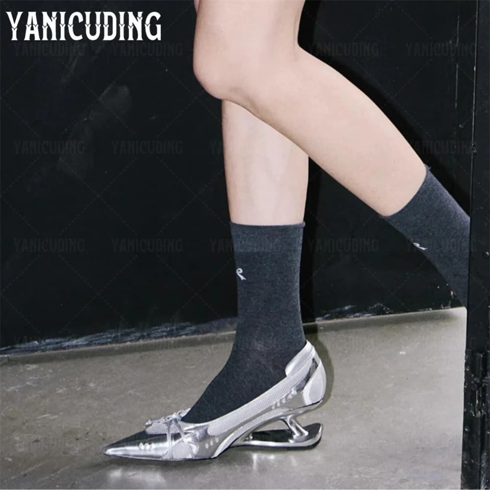 Futuristic Silhouette Novelty Sneakers Sculptural Cutout Heel Pointed Leather Shoes Bow Detail Strange Heels Black Silver White