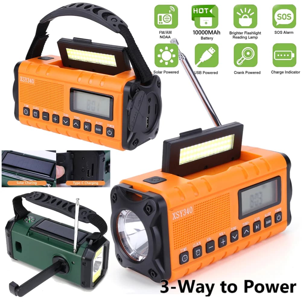 Radio meteorologica AM/FM solare a LED da 10000mAh con pannelli solari, manovella, lampada da lettura, power bank e allarme SOS per campeggio ed escursioni