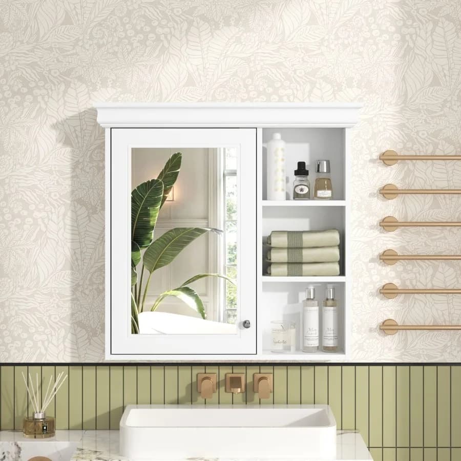 Armadietto da Bagno con Specchio 30'' x 28'', Mobile a Specchio da Parete con Organizer e Vano Portaoggetti Sopra il WC
