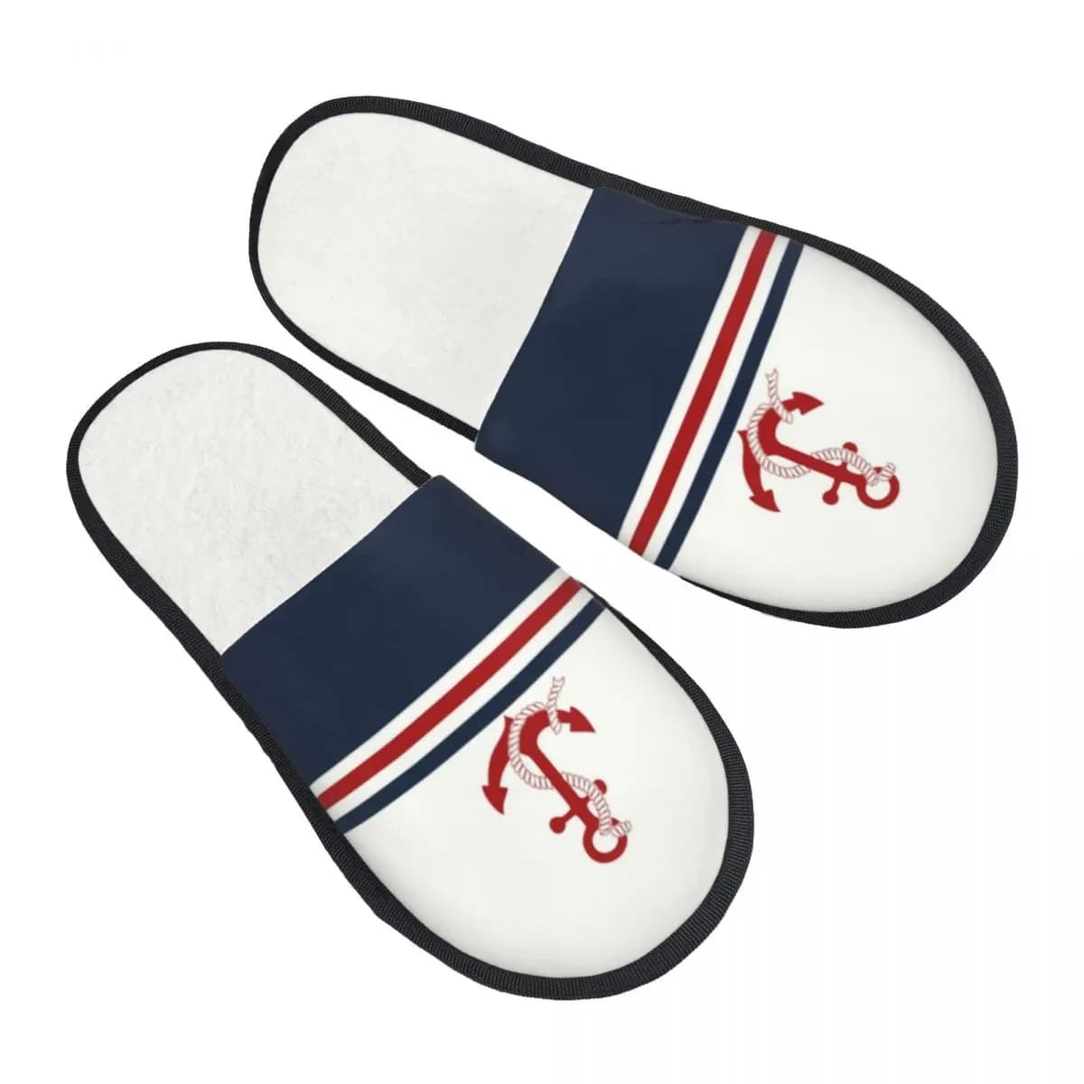 Pantofole da donna personalizzate in memory foam con strisce blu navy e ancora nautica, comode e calde per la casa