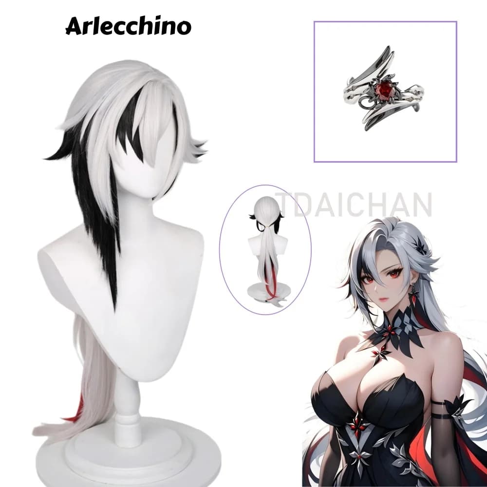 Genshin Impact Arlecchino Cosplay Wig Long Silver Black Gradient Anime Ring Heat Resistant Synthetic Hair for Women Party Props