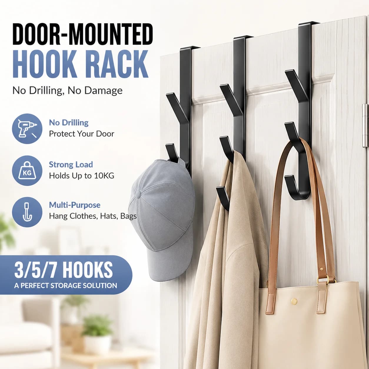 No Drill Door Mounted Hooks 3/5/7 Clothes Hat Bag Storage Hanger for Dormitory Bedroom Entrance Use