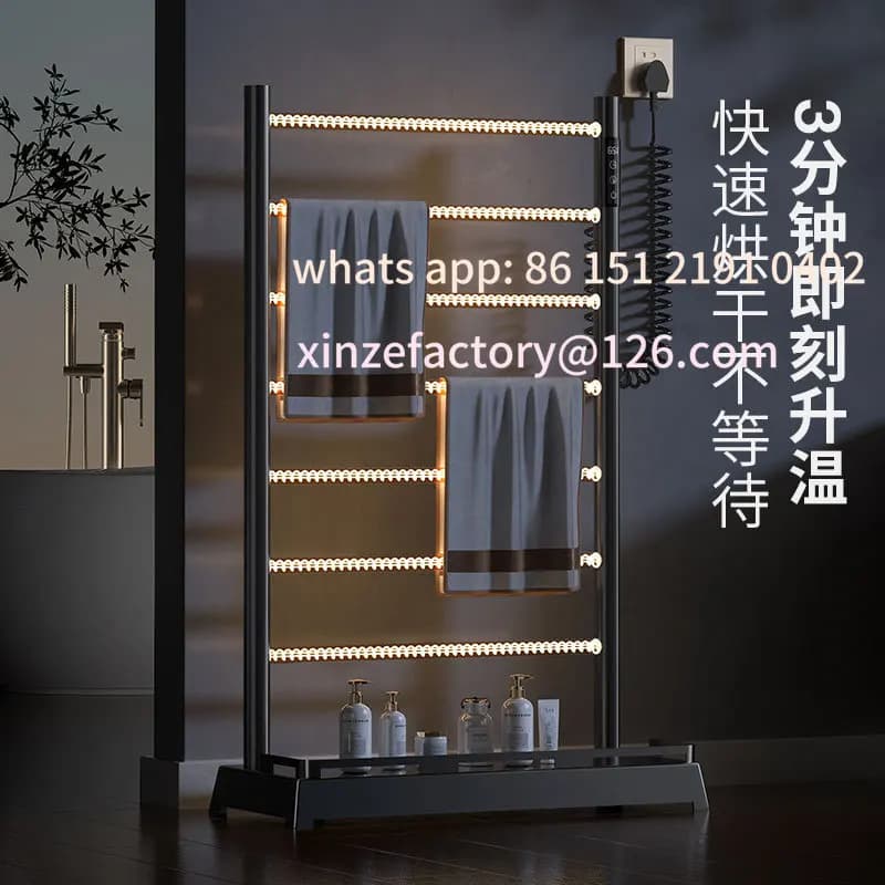 Portasciugamani elettrico con riscaldamento temporizzato a temperatura costante in fibra di carbonio intelligente nero personalizzabile Scaffale creativo dal pavimento al soffitto