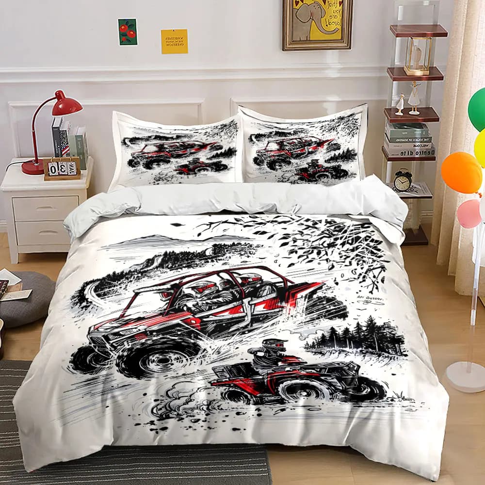 Off-road vehicles racing in woods Print Bedding Set 1 Duvet Cover 2 Pillowcases for Adult and Children Luxury Gift Full Size