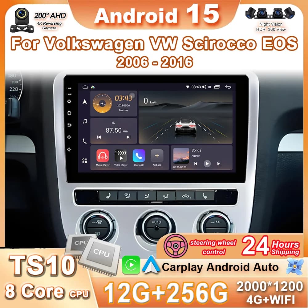 Android 15 Car Radio For Volkswagen VW Scirocco EOS 2006 - 2016 Multimedia 4G WIFI Carplay GPS Navigation Player Stereo No 2 DIN