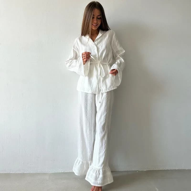 2-piece set, comfortable women's home set, long sleeve pajamas, shirt with belt and trousers, home set, suitable for outdoor use