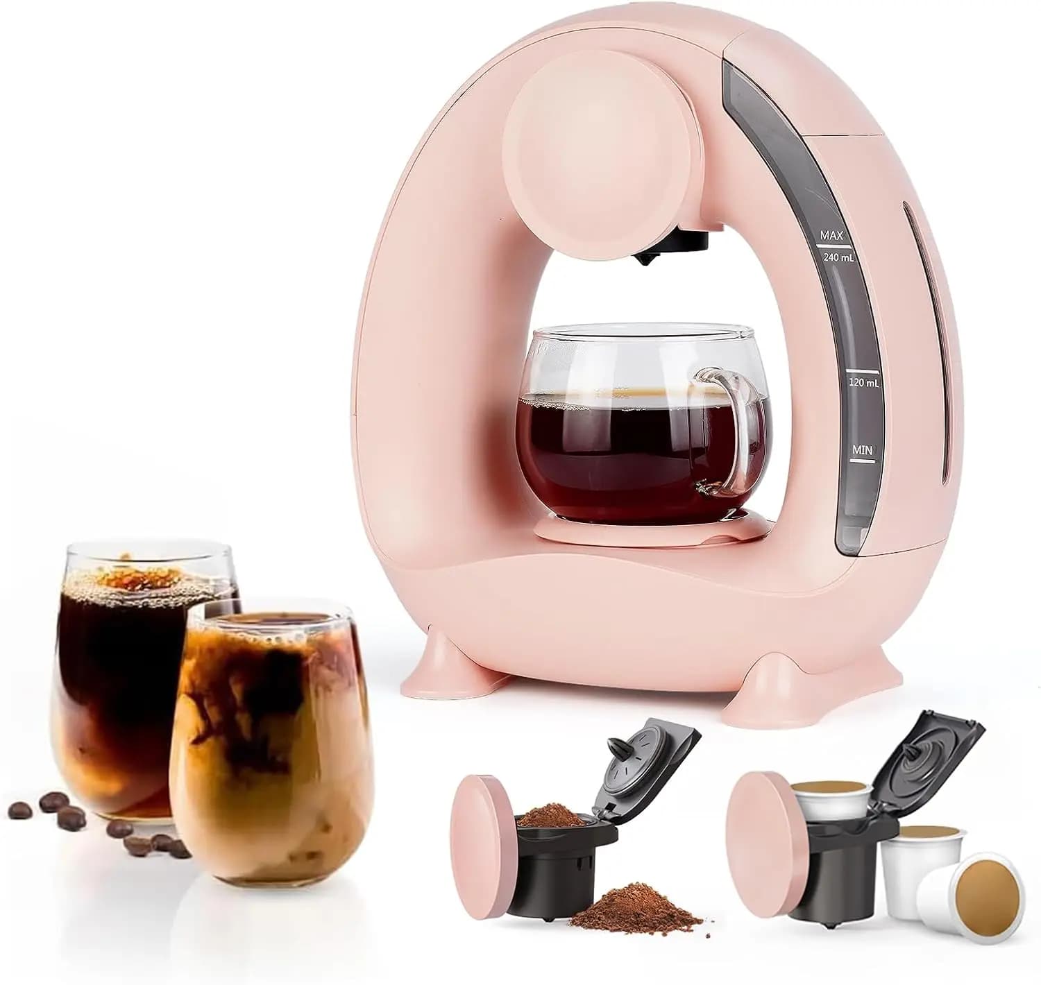 Macchina da Caffè Compatta Monodose, 2-in-1 per Capsule K-Cup e Caffè Macinato, Rosa, 4-8oz