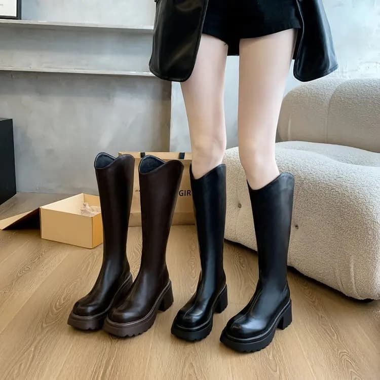 Stivali da donna con plateau, stivali alti sopra il ginocchio, nuovi modelli autunno inverno, a tubo largo, con apertura a V, taglie forti, stivali slim a tubo alto