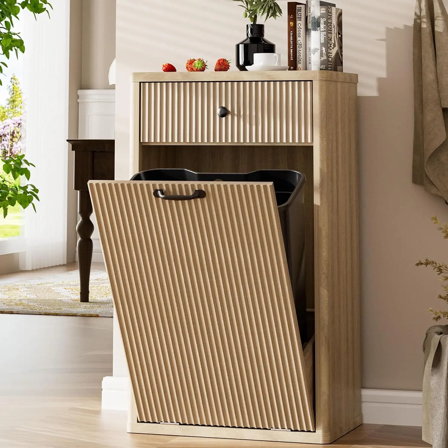 13 Gallon Tilt Out Trash Can Cabinet Wooden Waste Bin Recycling Cabinet With Storage Drawer Freestanding Hidden Pet Proof Garbage Organizer Box Furniture For Kitchen Living Room Natural
