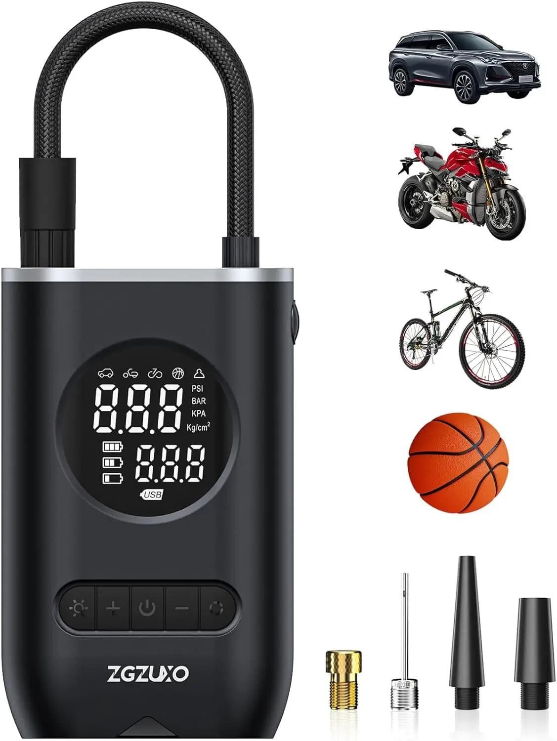 Compressore d'aria portatile 150PSI senza fili con manometro e luce LED per auto, bici, moto, con spegnimento automatico