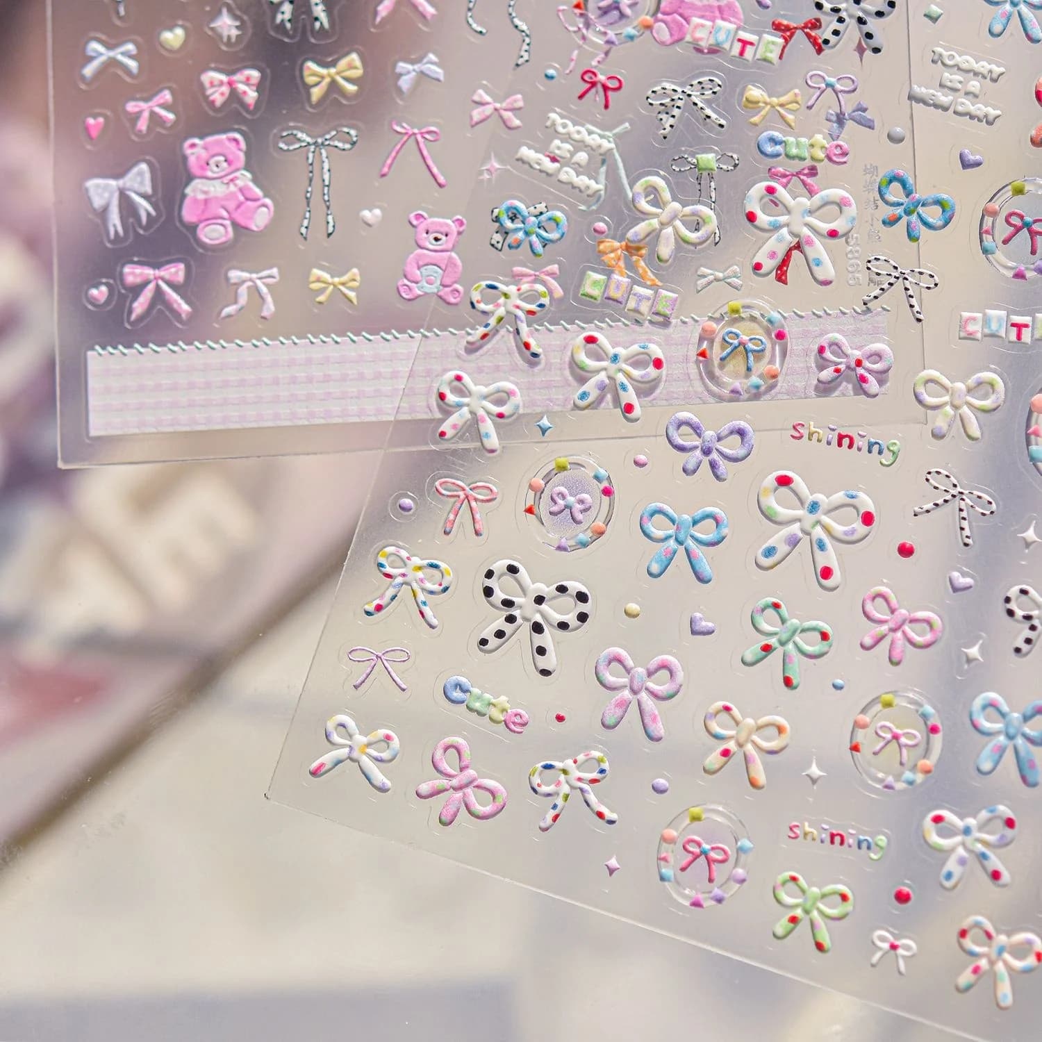 Cute Colorful Ribbon Bow Polka Dot Bowknot 5D Nail Art Stickers Love Heart Plaid Frame Bear Self Adhesive Manicure Nail Decal