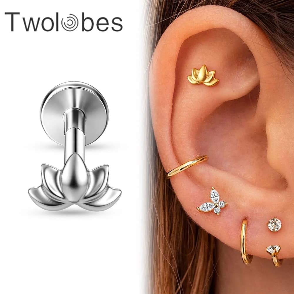 Twolobes 1PC ASTM F136 Titanium Lotus Flower Labret Flat Back Ear Stud Cartilage Helix Tragus Lip Ring Piercing Jewelry