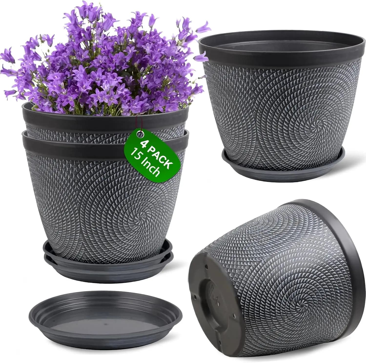 Set of 4 Large 15 Inch Vases with Drainage and Subvaded Hole, Modern Decorative Container for Interior and Exterior Plants (Grigio)