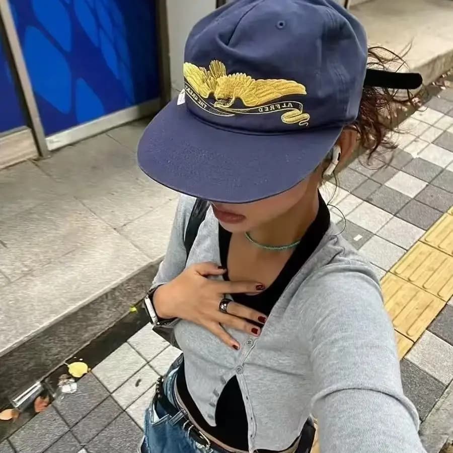 Retro American Embroidered Heavyweight Soft Top Flat Brim Hip Hop Street Baseball Cap Women's Wide Brim Fashionable Hat