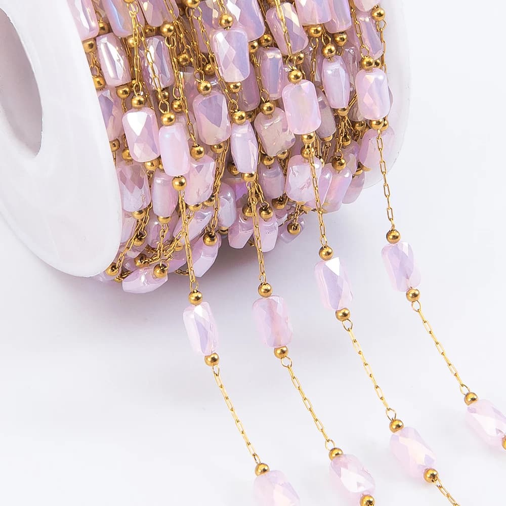 Catena di perline di cristallo rettangolare rosa in acciaio inossidabile da 1 metro per accessori per la creazione di gioielli, braccialetti, collane fai da te