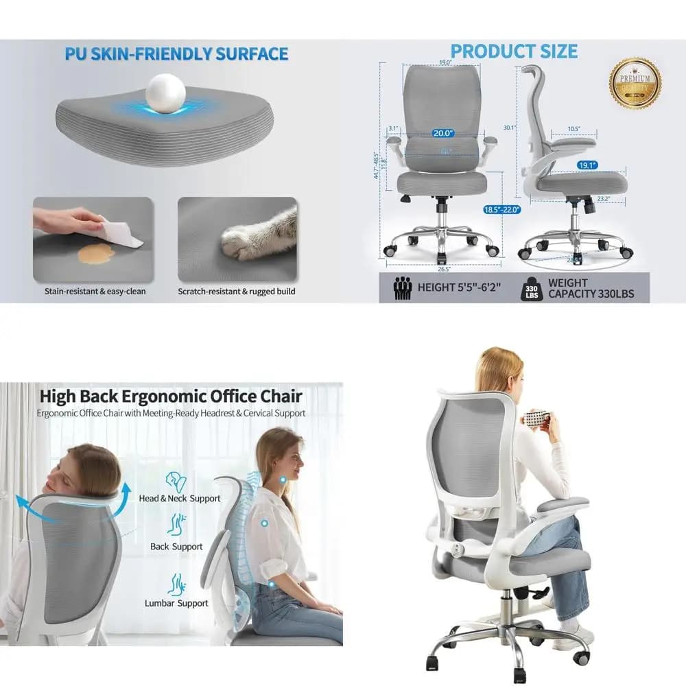 Sedia da scrivania ergonomica con schienale ondulato e supporto lombare regolabile per computer, gaming e uso domestico (grigio)