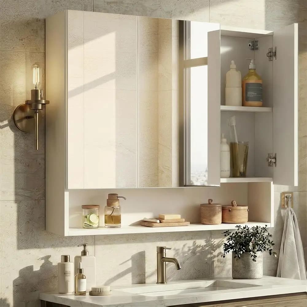 Armadietto a specchio da parete per bagno con vano portaoggetti, scomparto aperto, ripiani regolabili, 6,5x35,4x29,5 pollici, bianco nuvola