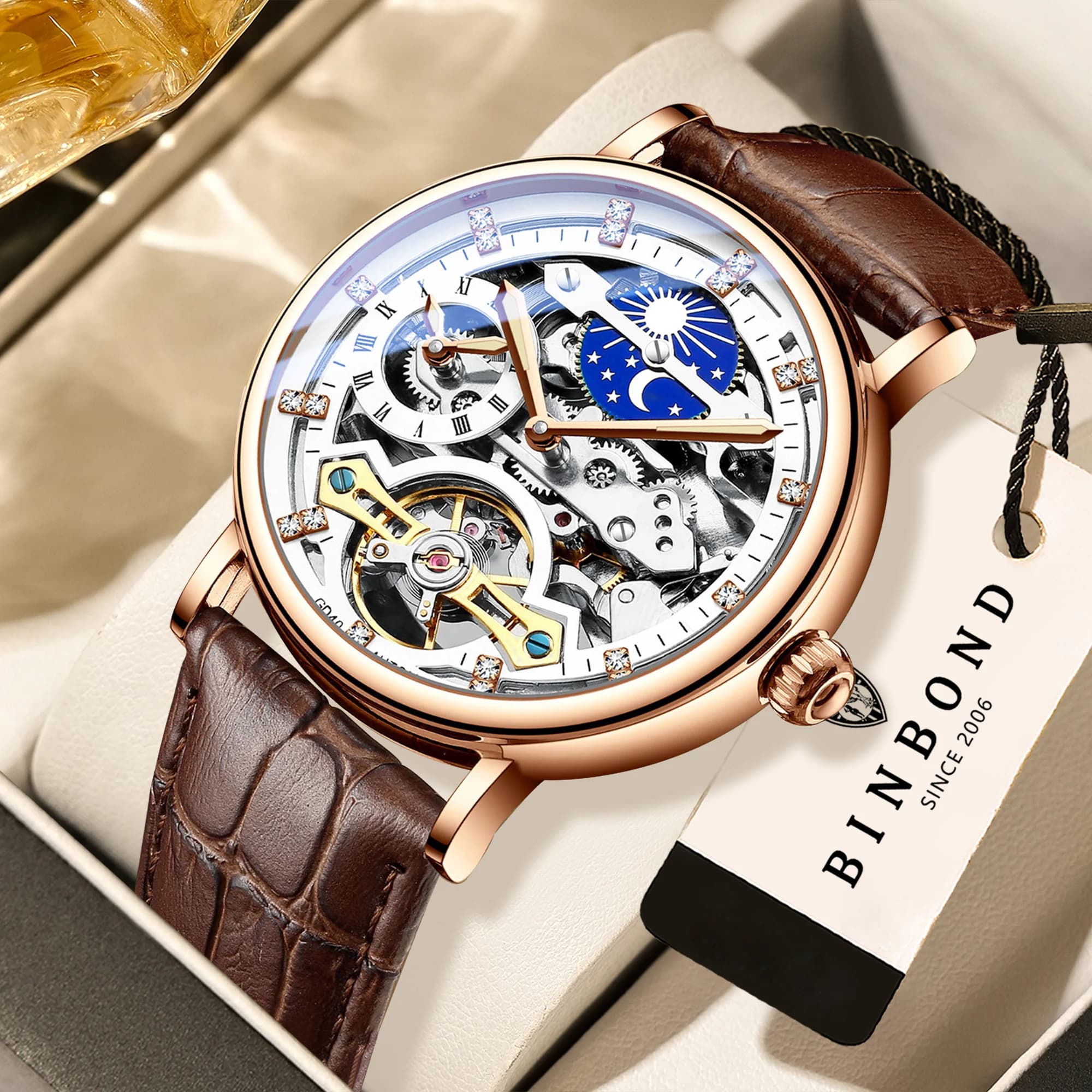 Orologi da polso meccanici di lusso BINBOND per uomo, luminosi, impermeabili, automatici, con tourbillon, orologio da uomo business, scheletrato.